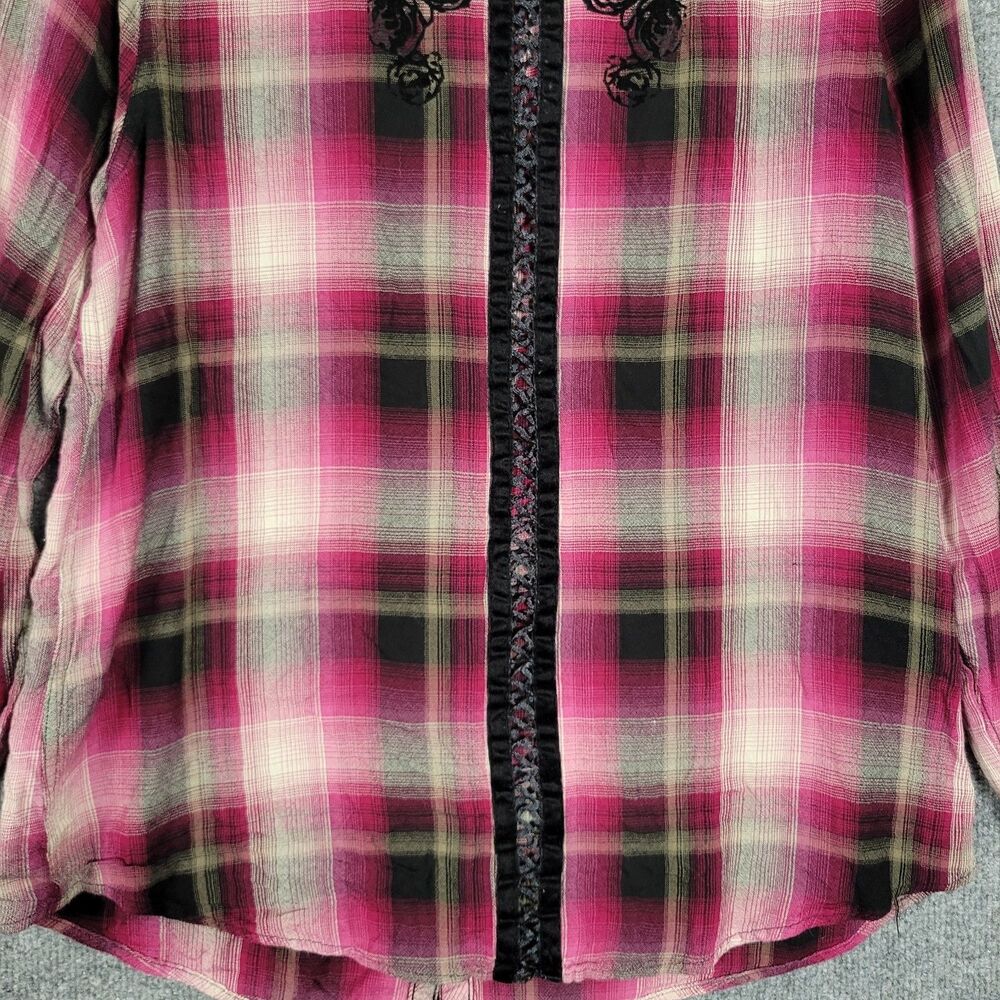 HARLEY DAVIDSON Pink Plaid Floral Embroidered Western Button Up Shirt SIZE XL - Picture 8 of 16